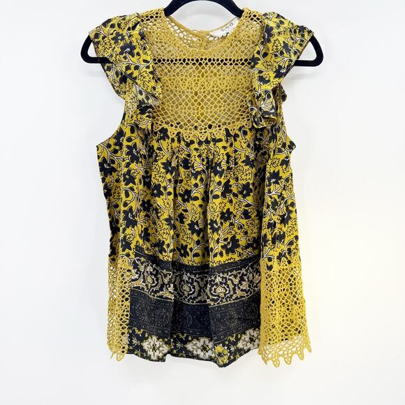 Sea Black‎ Yellow Blouse Embroidered Printed Ruffle 6 - Picture 1 of 5